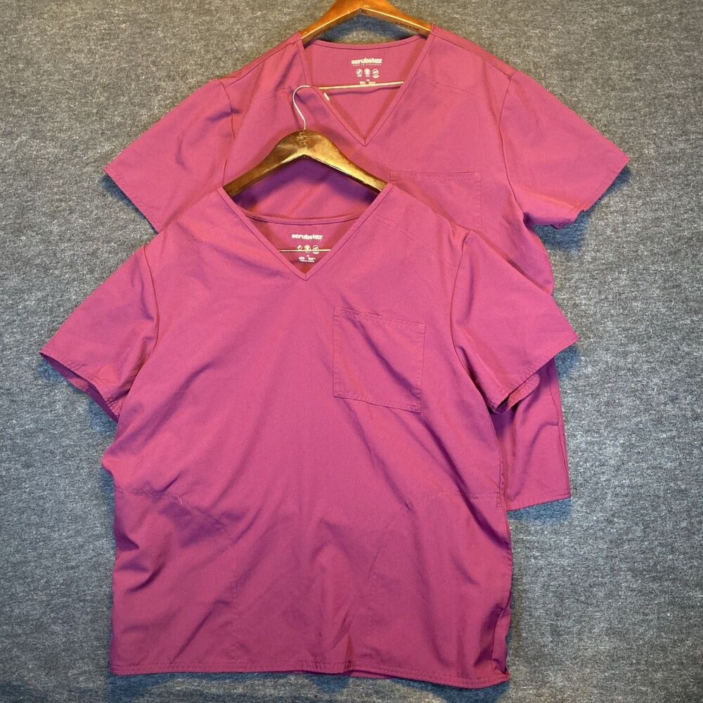 Scrubstar Scrub Top Lot Women’s Large Purple Wine Stretch Pockets Set of 2